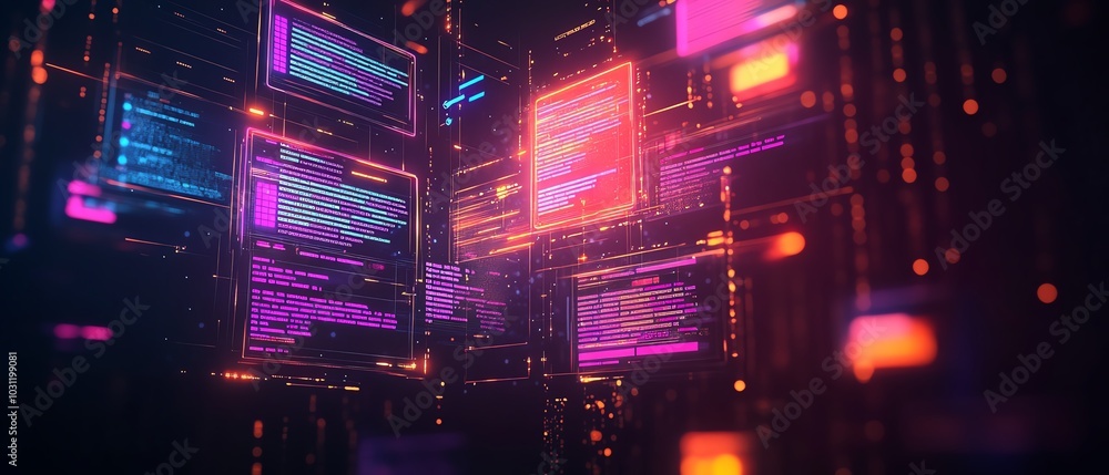 Poster Dynamic image of a holographic document management system with floating files and bright checkmarks