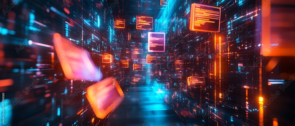 Poster Dynamic image of a holographic document management system with floating files and bright checkmarks
