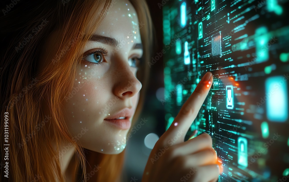 Poster dynamic image of a woman using her finger to interact with holographic ai icons