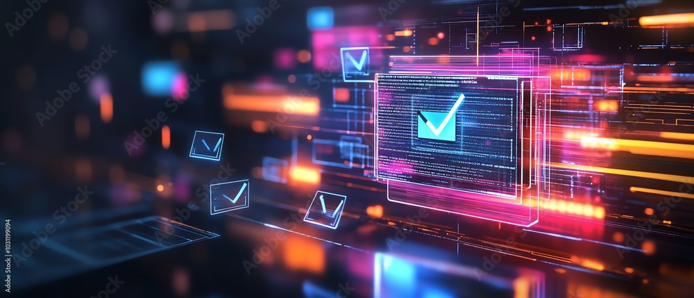 Aufkleber Dynamic image of a holographic document management system with floating files and bright checkmarks