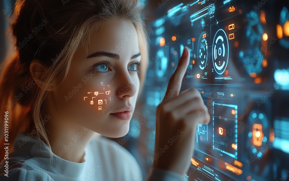 Poster dynamic image of a woman using her finger to interact with holographic ai icons