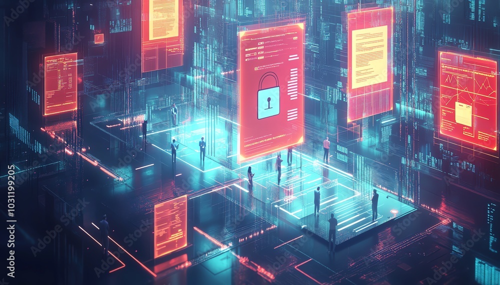 Poster Dynamic scene of a digital security interface with document icons and prominent checkmarks