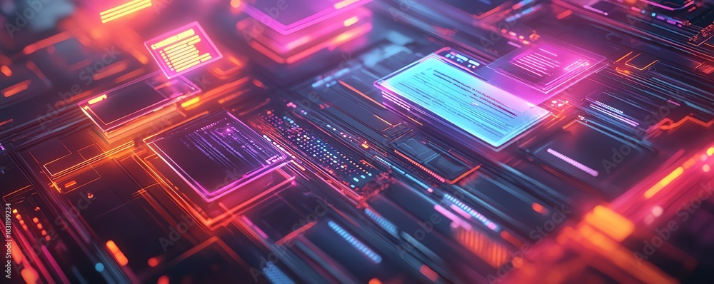 Poster Dynamic scene of a holographic document management system featuring files and glowing checkmarks