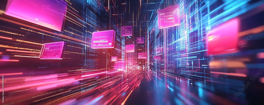 Poster Dynamic scene of a holographic document management system featuring files and glowing checkmarks