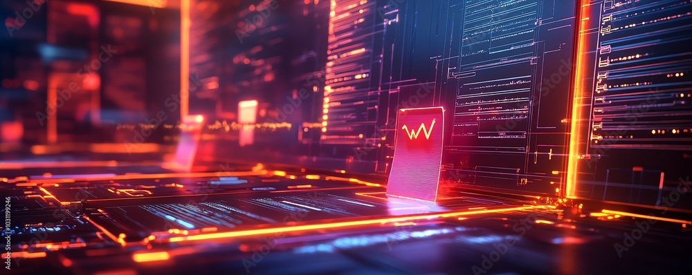 Poster Dynamic scene of a holographic document management system featuring files and glowing checkmarks