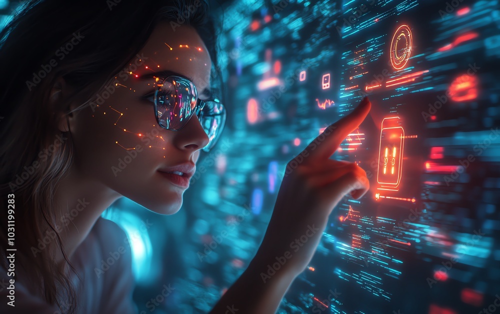 Poster dynamic scene of a woman using her finger to touch ai icons in a hologram