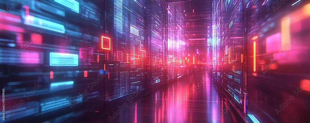 Poster futuristic document management system hologram displaying files and glowing checkmarks