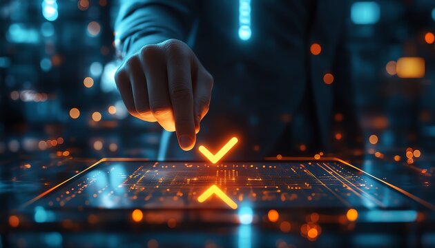 Illustration of a businessman s finger touching a glowing check mark on a tablet