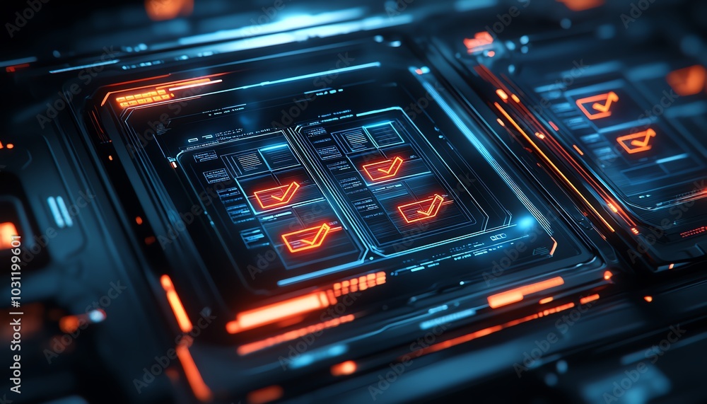 Aufkleber Illustration of a holographic document management system displaying files with glowing checkmarks
