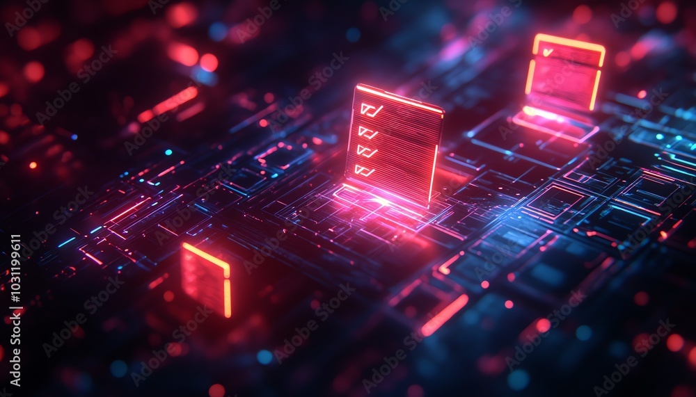 Fototapete illustration of a holographic document management system displaying files with glowing checkmarks