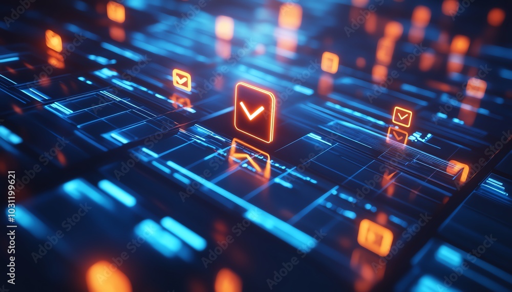 Poster illustration of a holographic document management system displaying files with glowing checkmarks
