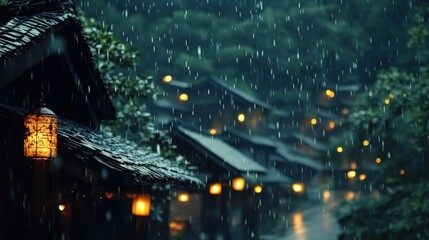 Rainy night in a village with lanterns and lights.