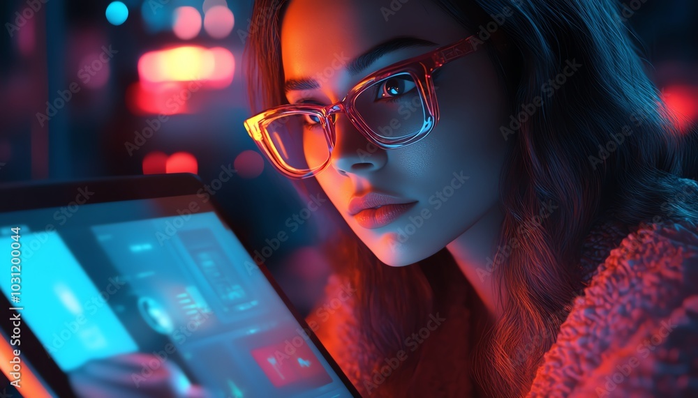 Poster 3d rendering of a serious woman using a tablet