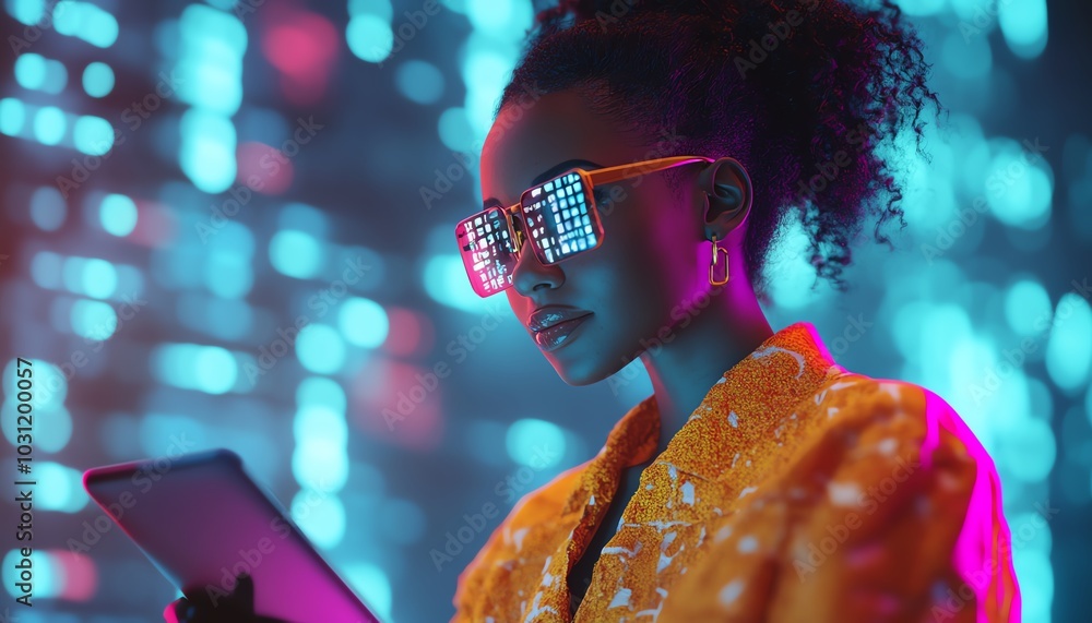 Poster 3d rendering of a serious woman using a tablet