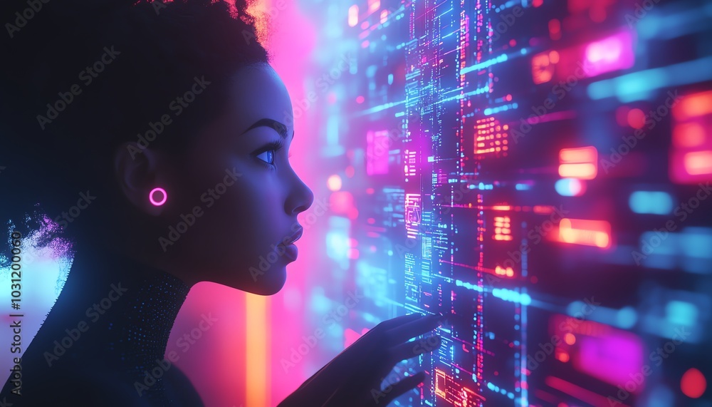Poster 3d rendering of a serious woman using a tablet