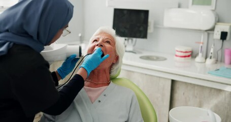 Mouth, xray and senior patient at dentist for consulting, oral hygiene and teeth. Medical, dental cleaning and healthcare advice with people at clinic for orthodontist, treatment and exam screening - Powered by Adobe