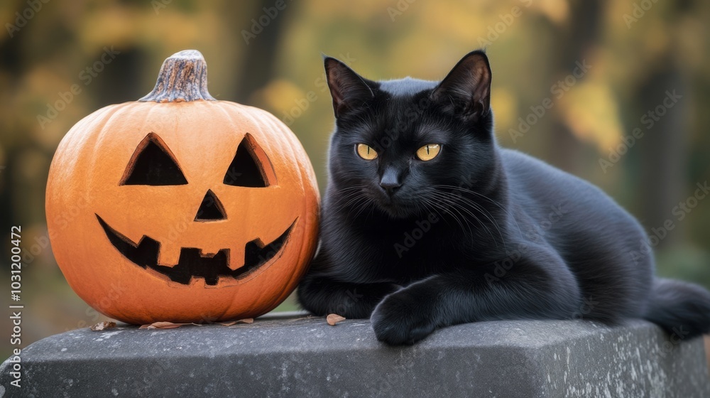 Wall mural black cat lounging beside a carved pumpkin in a serene autumn setting, ai