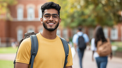 Naklejka premium cheerful young Indian man with glasses smiles confidently on college campus, showcasing vibrant atmosphere of learning and friendship.