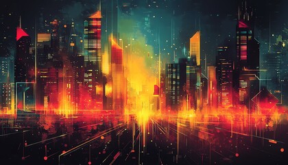 Creative illustration of a modern cityscape with digital financial charts and arrows
