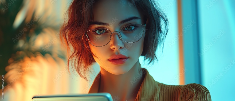 Poster dynamic scene featuring a serious woman using a tablet