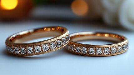 Two elegant gold wedding rings adorned with sparkling diamonds.