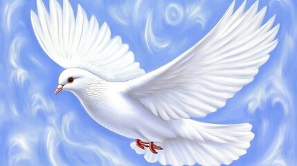 Obraz premium A white dove with outstretched wings in flight against a blue sky with white swirls.