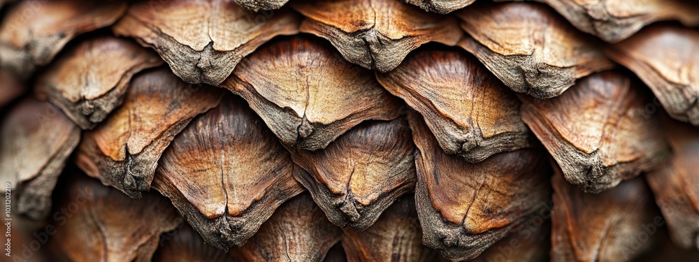 Poster pinecone scales close-up, showcasing the detailed texture and complex patterns of overlapping scales