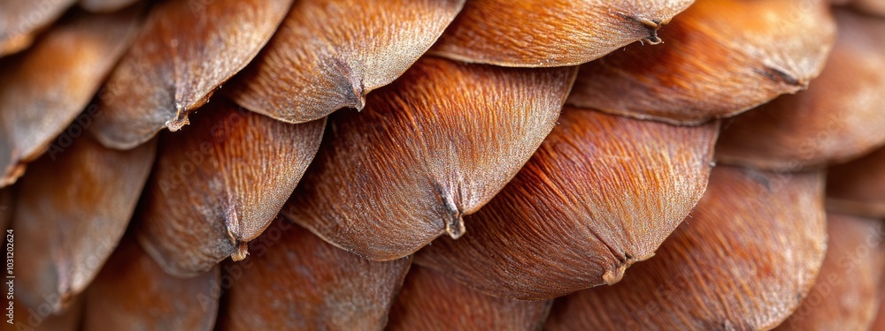 Poster pinecone texture exploration, close-up view of overlapping scales showcasing rough texture and intri
