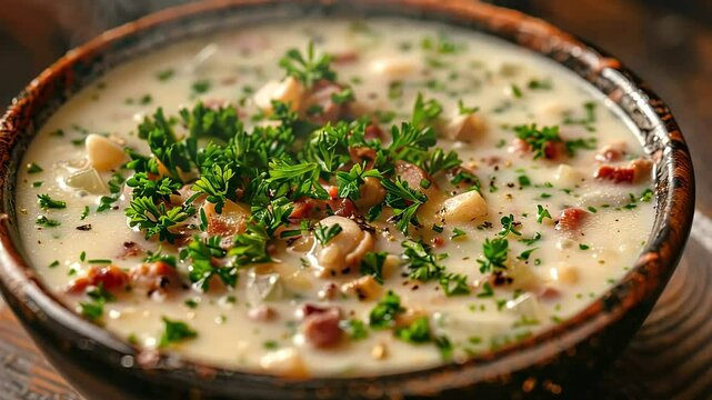 A bowl of hot and steamy clam chowder.