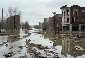 &Uuml;berschwemmte Stadt mit zerst&ouml;rten Geb&auml;uden und &uuml;berfluteten Stra&szlig;en. Die verlassene Atmosph&auml;re deutet auf eine Naturkatastrophe hin. Dokumentarfotografie Symbolbild f&uuml;r Nachrichten  Genenerative KI