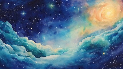 Watercolor Painting of a Starry Night Sky with Nebulae and a Bright Star