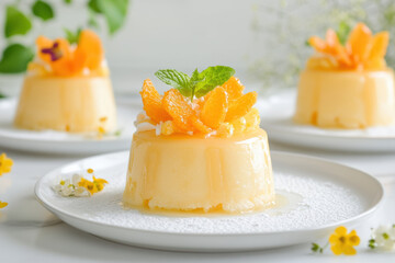 Delicious orange dessert with fresh fruit and mint garnish, perfect for any occasion