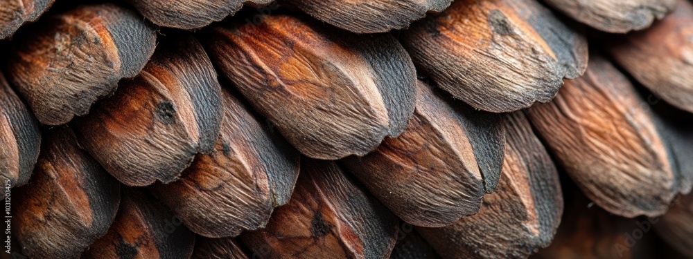 Poster pinecone texture study, detailed macro view showcasing overlapping scales, highlighting rough textur