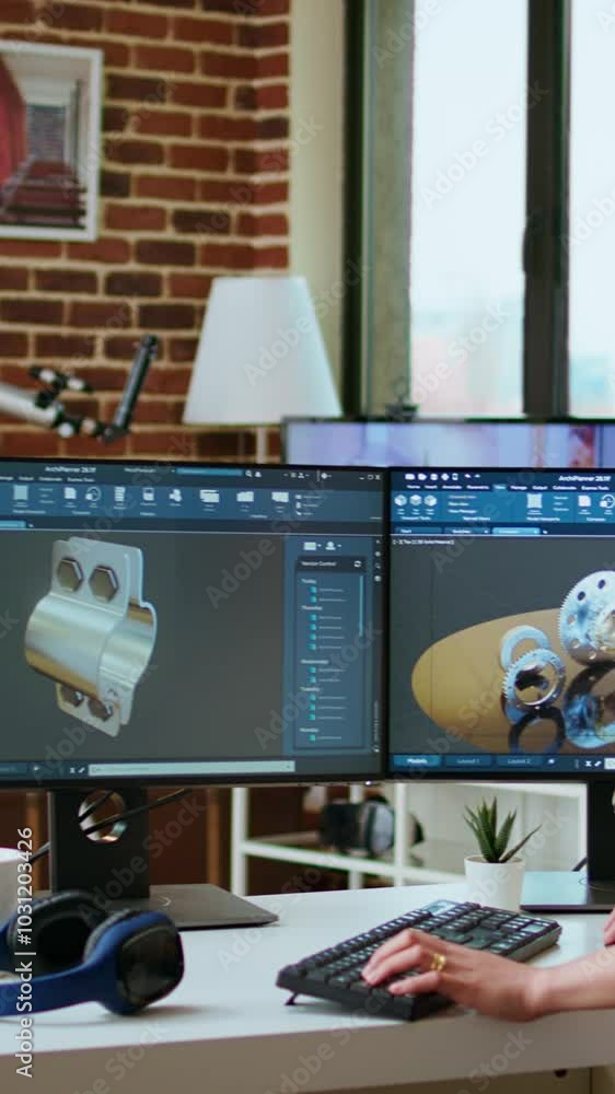 Poster vertical video expert engineer develops industrial prototypes using 3d modeling software at her home