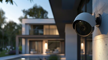 sleek outdoor camerprovides security for modern home at dusk, blending seamlessly with contemporary architecture while enhancing safety and peace of mind.