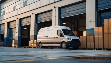 delivery van parked outside an open warehouse door, ready for unloading boxes. The scene showcases the logistics process in an industrial setting.