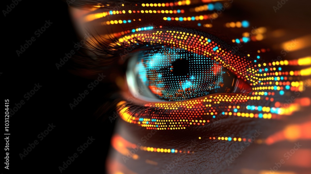 Poster close-up of an eye with colorful digital patterns and light effects.