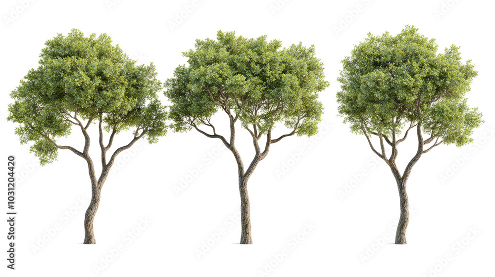 Poster realistic trees collection set isolated on a white background generative ai