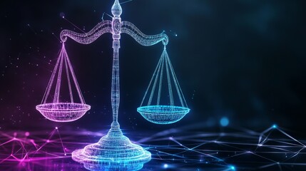 A digital representation of a balanced scale symbolizing justice, surrounded by vibrant colors and glowing connections, emphasizing the theme of law and fairness.