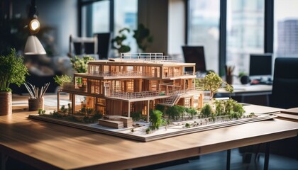 モダン商業施設の大型の建築模型が置かれているおしゃれなオフィス、背景ボケ、窓からビジネス街