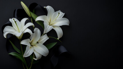 Fototapeta premium White lilies with black ribbon on dark background for mourning card or web wallpaper