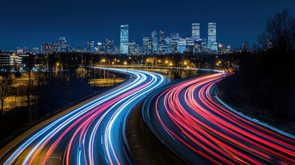 Cityscape with highway light trails at night.