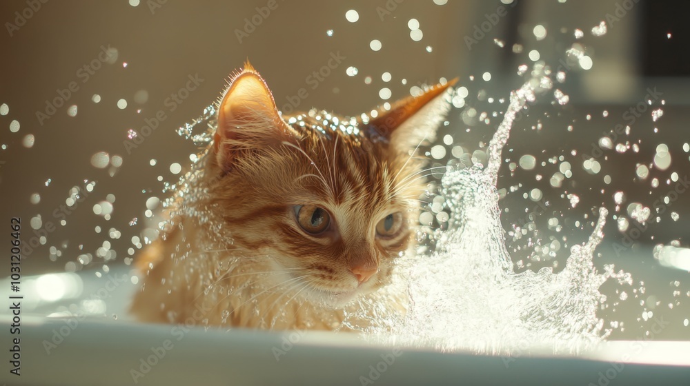 Poster Playful Cat Splashing in Water with Beautiful Bokeh