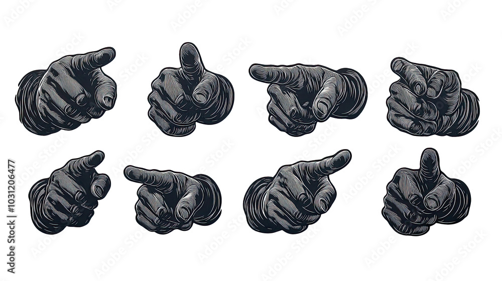 Poster retro woodcut prints of hands pointing in different directions generative ai