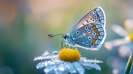 Obraz premium Vibrant Butterfly on Fresh Flower with Dew Drops