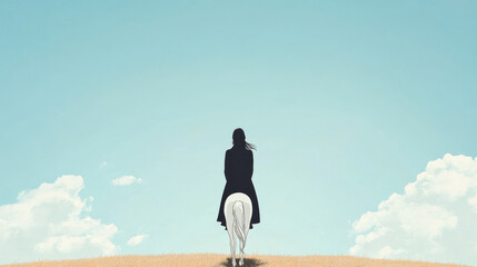 A woman rides a white horse towards a blue sky with fluffy white clouds.