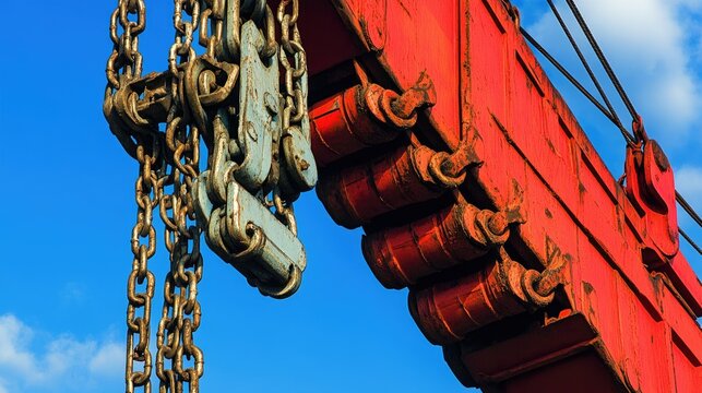 Red Crane with Chains Against Blue Sky Background