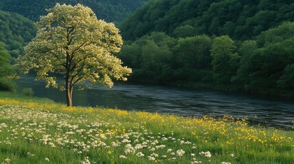 Serene Riverbank with Blooming Tree and Wildflowers
