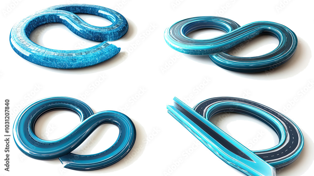 Poster dynamic set of roads forming infinity shapes on white background generative ai