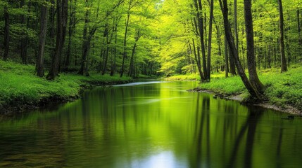 Obraz premium Serene Green River in Lush Forest Landscape